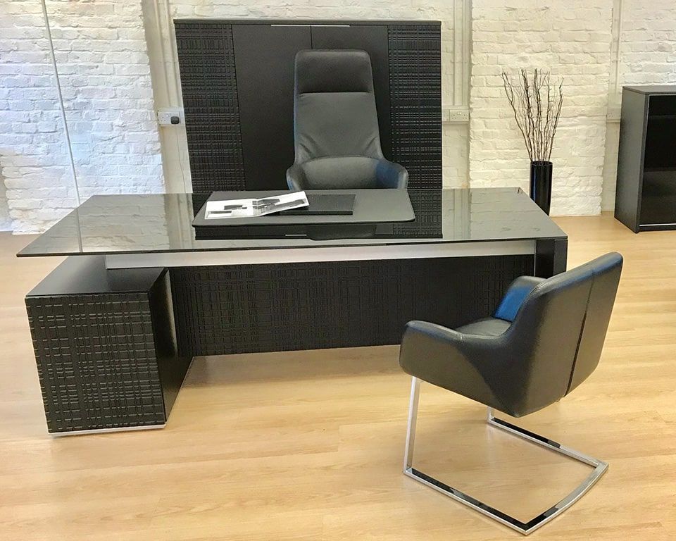 Well Liked Modern Black Steel Desks Pertaining To Modi Luxury Black Glass Executive Desks With Rectangular Or L  Shaped (View 8 of 15)
