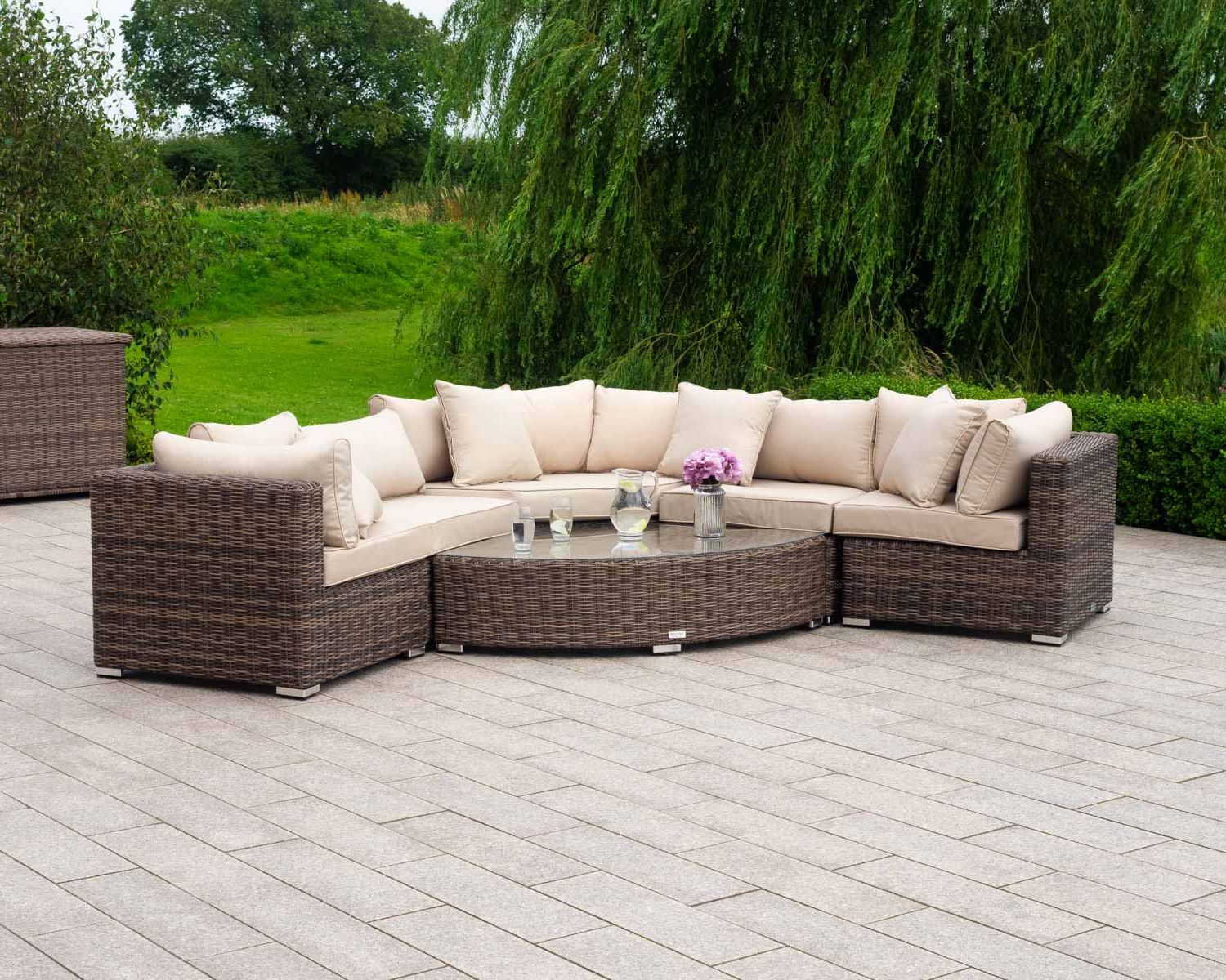 Well Liked Rattan Garden Corner Sofa Set In Truffle Brown & Champagne – 6 Piece Pertaining To Brown And Yellow Sectional Corner Desks (View 6 of 15)