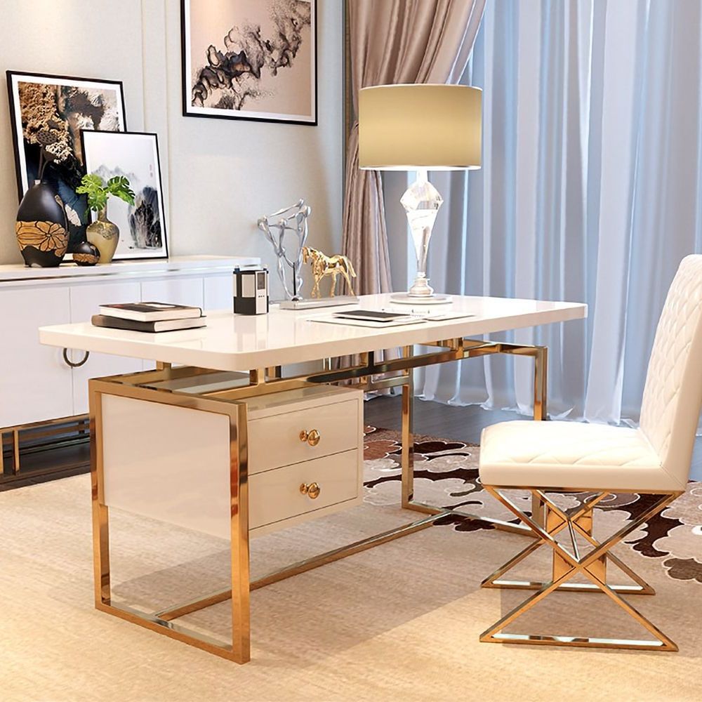 Well Liked White And Gold Writing Desks Regarding White 47" Writing Desk Modern Computer Desk With 2 Drawer In Gold In (View 1 of 15)