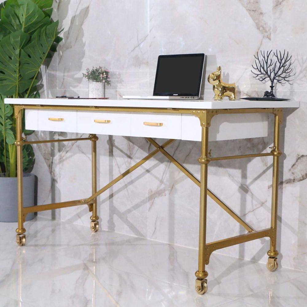 White 39" Rectangular Writing Desk Modern Computer Desk With 3 Drawer Gold Pertaining To Best And Newest White And Gold Writing Desks (View 12 of 15)