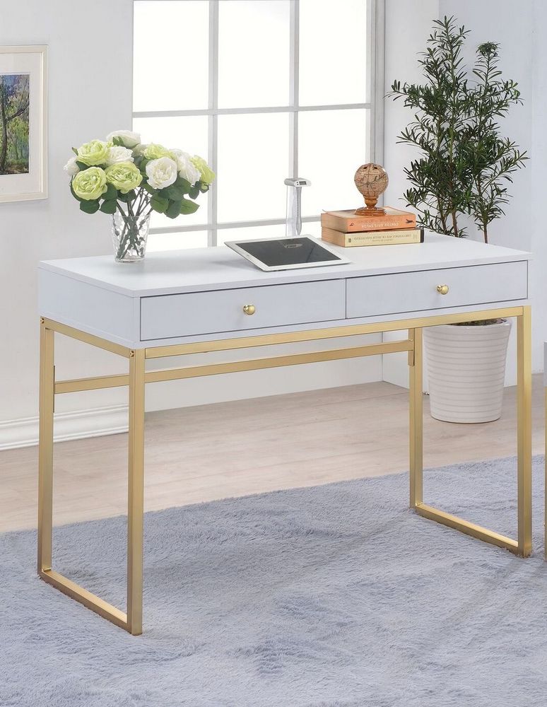White And Cement Writing Desks For Recent Coleen White/brass Wood/metal Desk With 2 Drawersacme (View 13 of 15)