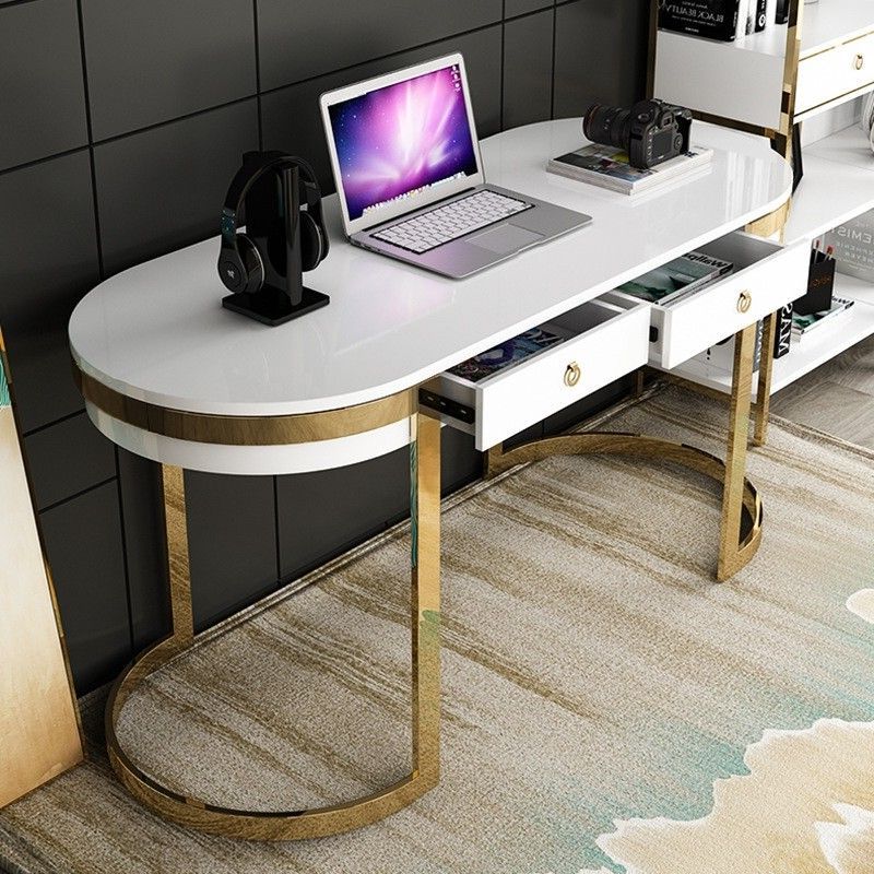 White/black Office Desk Modern 55" Gold Writing Desk With 2 Drawers Throughout Widely Used White And Gold Writing Desks (View 11 of 15)