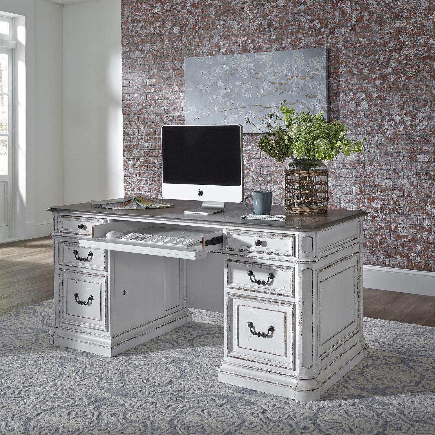 White Glass And Natural Wood Office Desks Pertaining To Most Popular Antique White Finish Wood Executive Desk 244 Hoj Dsk Liberty Furniture (View 6 of 15)
