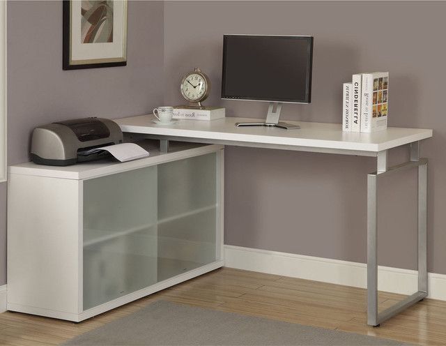 White L Shaped Desk With Frosted Glass – Contemporary – Desks And With Regard To 2018 Aluminum And Frosted Glass Desks (View 7 of 15)