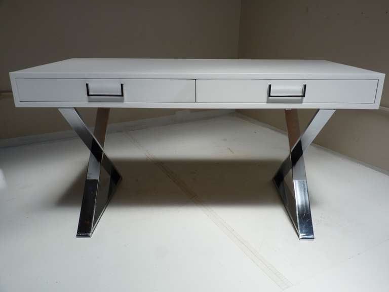 White Lacquer And Brown Wood Desks Intended For Fashionable White Lacquer Campaign Deskmilo Baughman At 1stdibs (View 4 of 15)
