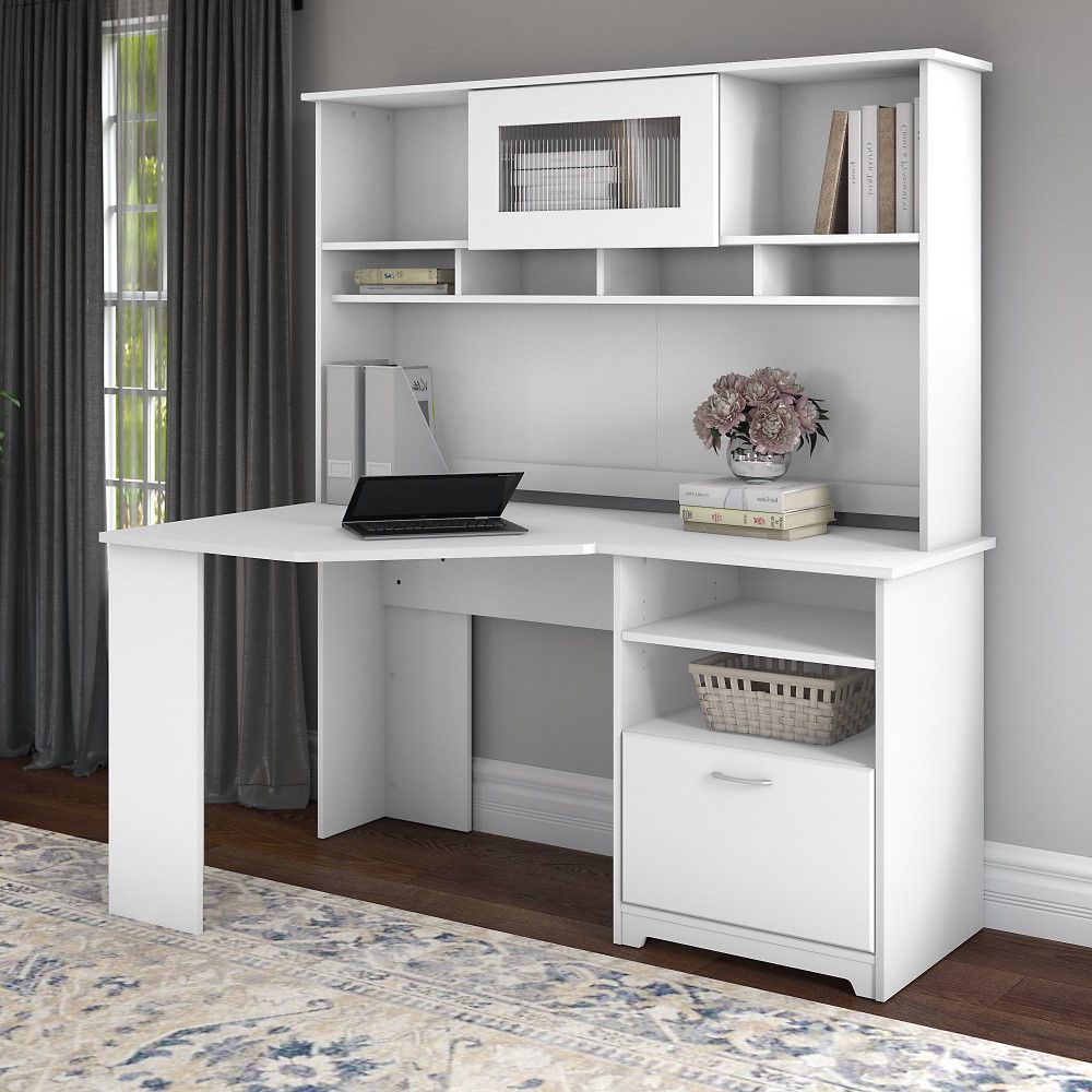 White Traditional Desks Hutch With Light Within Fashionable Bush Furniture – Cabot 60w Corner Desk With Hutch In White – Cab008whn (View 1 of 15)