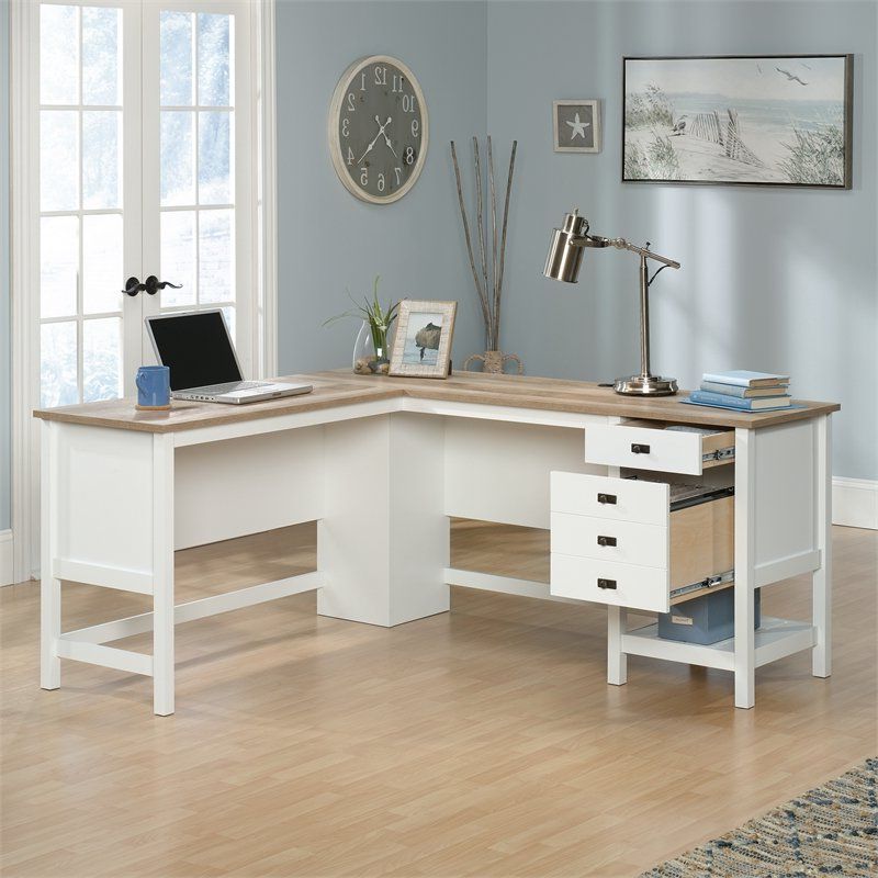 White Wood And Gold Metal Office Desks In Preferred Sauder Cottage Road Engineered Wood L Shaped Home Office Desk In Soft (View 5 of 15)