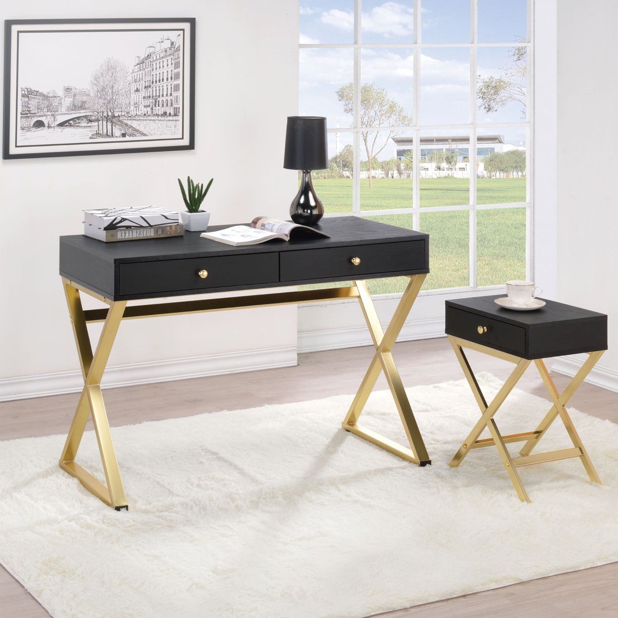 Widely Used Gold Metal Rectangular Writing Desks Pertaining To Rectangular Two Drawer Wooden Desk With "x" Shape Metal Legs, Black And (View 5 of 15)