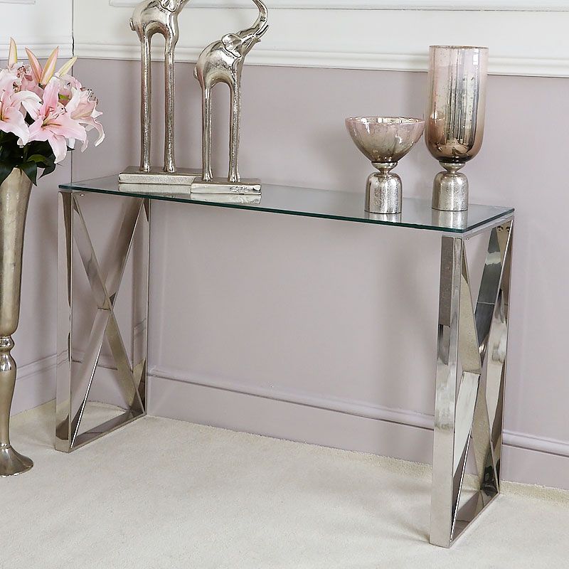 Zenn Contemporary Stainless Steel Clear Glass Console Hall Table In Most Popular Stainless Steel And Glass Modern Desks (View 12 of 15)