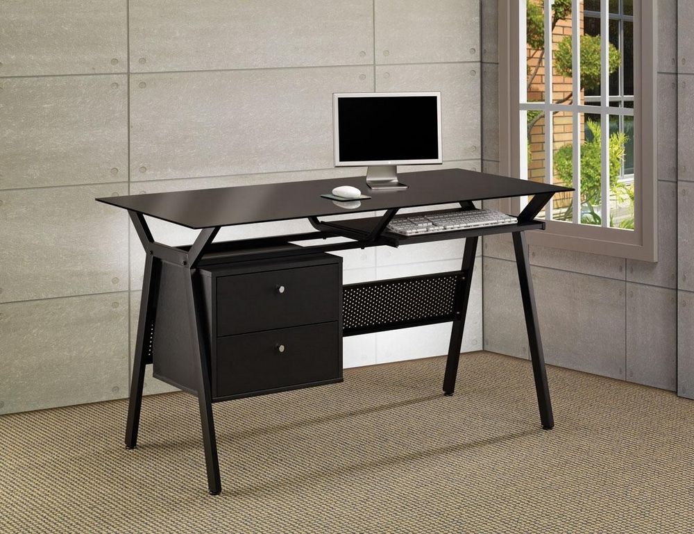 Zlatica Black Wood Computer Desk With Black Glass Topcoaster For Most Recently Released Black Finish Modern Computer Desks (View 1 of 15)