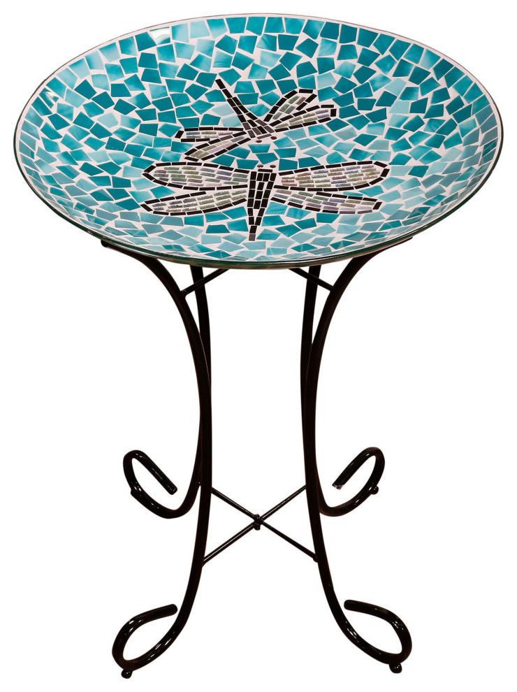 18" Dragonfly Duo Mosaic Glass Birdbath With Metal Stand – Traditional Within Preferred Dragonfly Mosaic Outdoor Accent Tables (View 4 of 15)