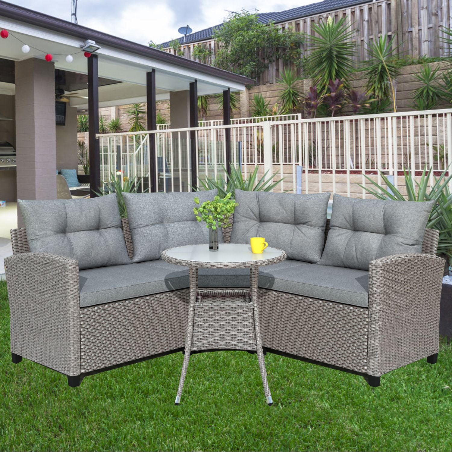 2019 4 Piece Outdoor Patio Sofa Furniture Sets, Gray Rattan Wicker Patio Set With Gray Outdoor Table And Loveseat Sets (View 2 of 15)