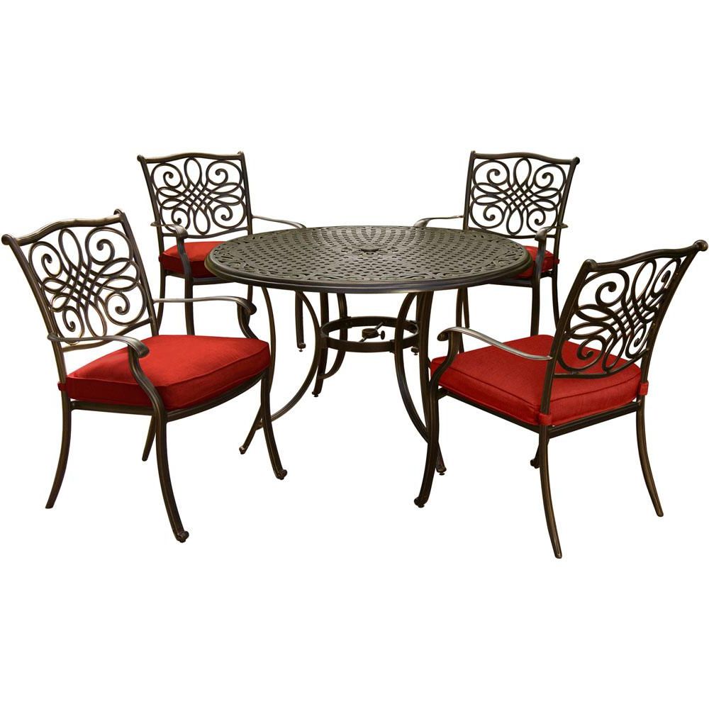 2019 5 Piece Round Patio Dining Sets With Hanover Traditions 5 Piece Round Outdoor Dining Set With Red Cushions (View 11 of 15)