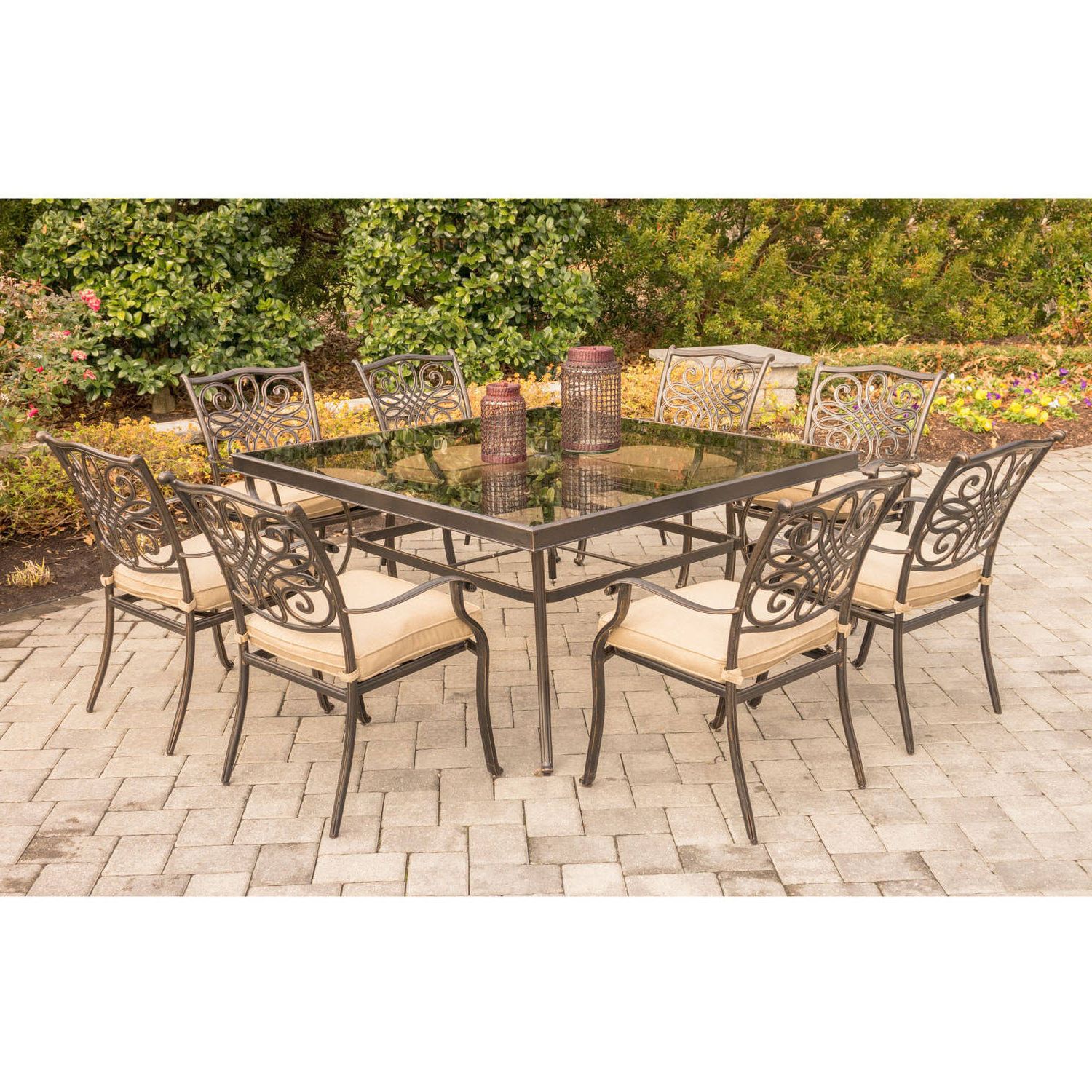 2019 9 Piece Outdoor Square Dining Sets In Hanover Outdoor Traditions 9 Piece Dining Set With 60" Square Glass Top (View 10 of 15)