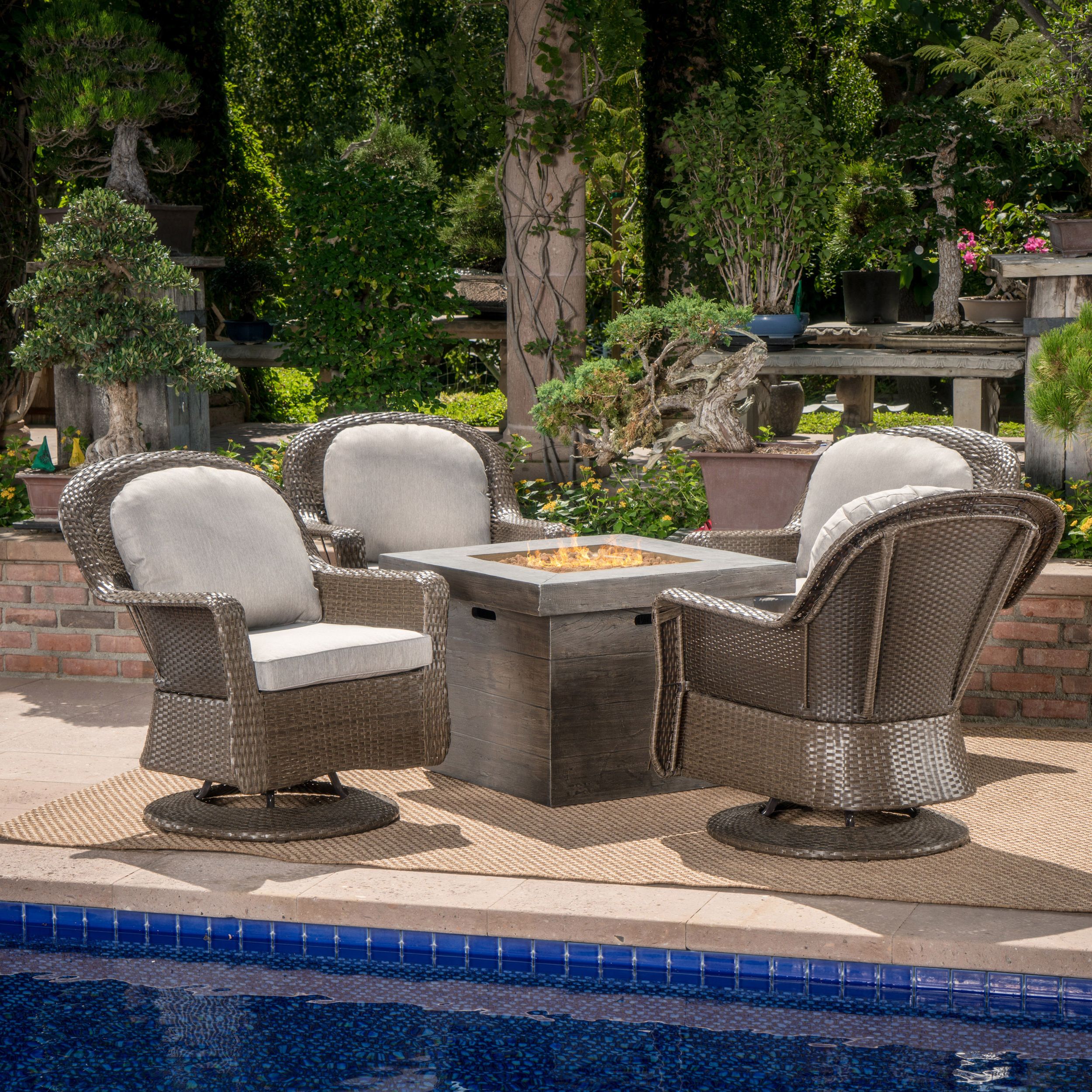 2019 Chloe Outdoor 5 Piece Wicker Swivel Club Chairs And Cushions With Gas Inside Outdoor Wicker Gray Cushion Patio Sets (View 5 of 15)