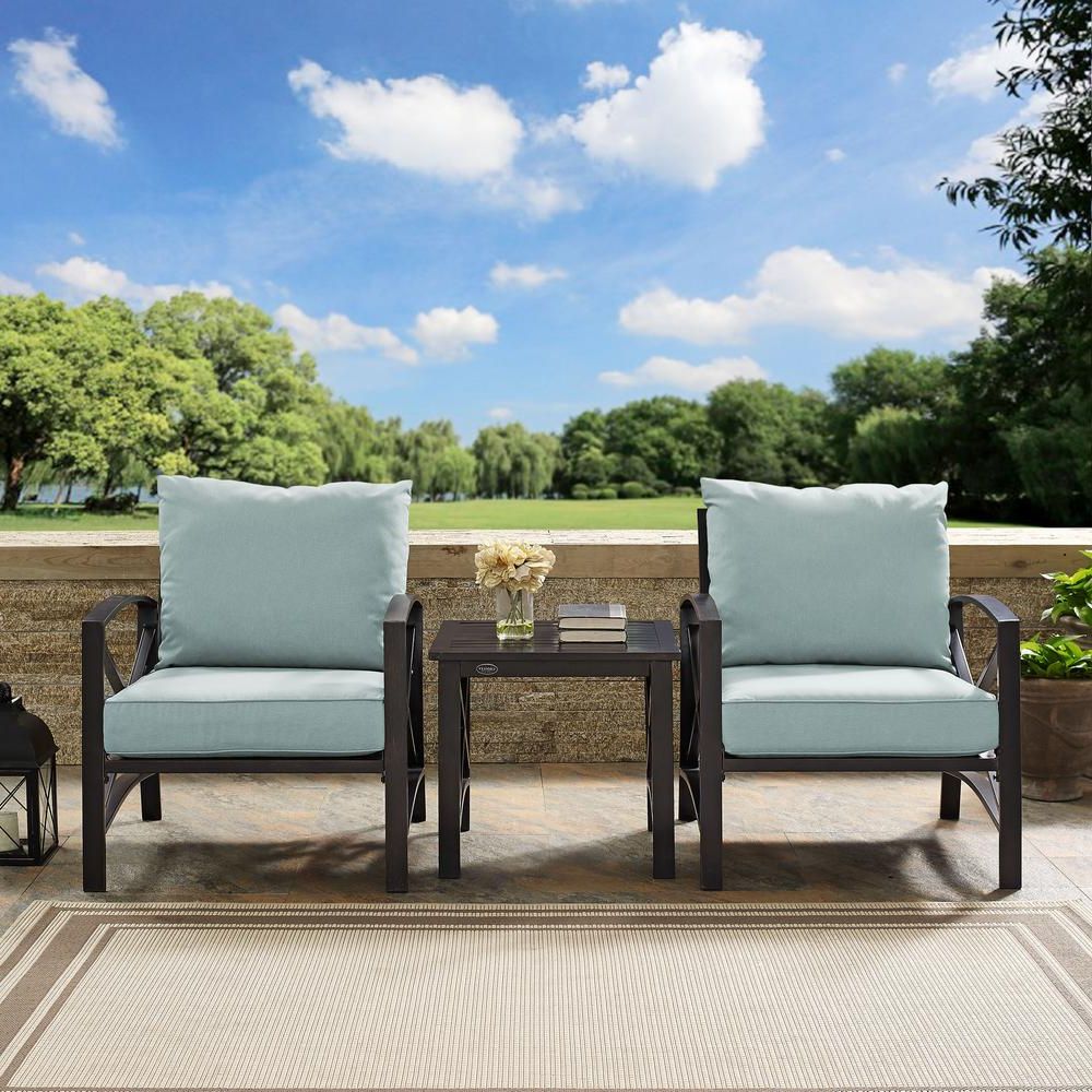 2019 Mist Fabric Outdoor Patio Sets Regarding Crosley Kaplan 3 Piece Metal Outdoor Seating Set With Mist Cushions –  (View 6 of 15)