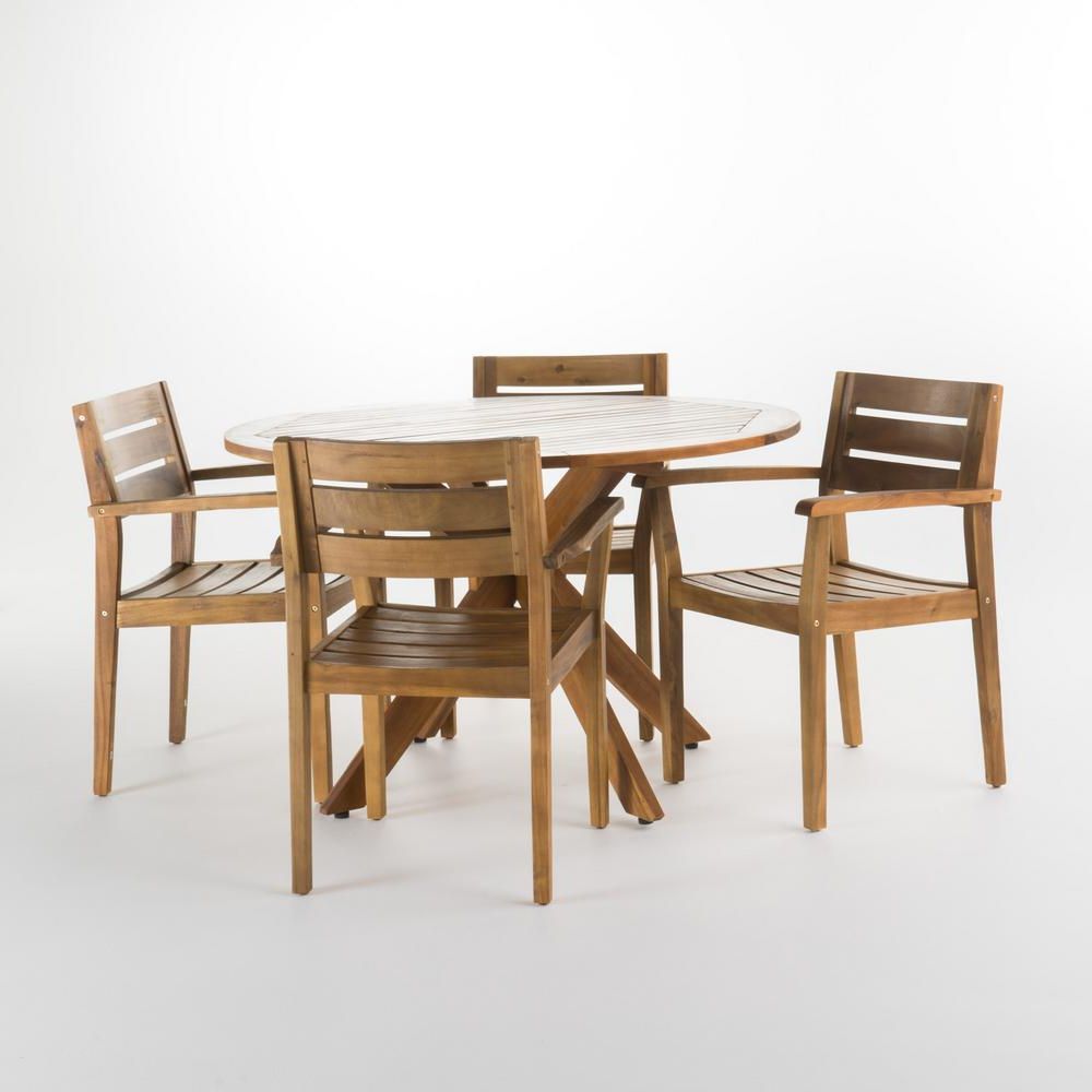 2019 Noble House Darius 5 Piece Acacia Wood Round Outdoor Dining Set 300539 Pertaining To Acacia Wood Outdoor Seating Patio Sets (View 13 of 15)