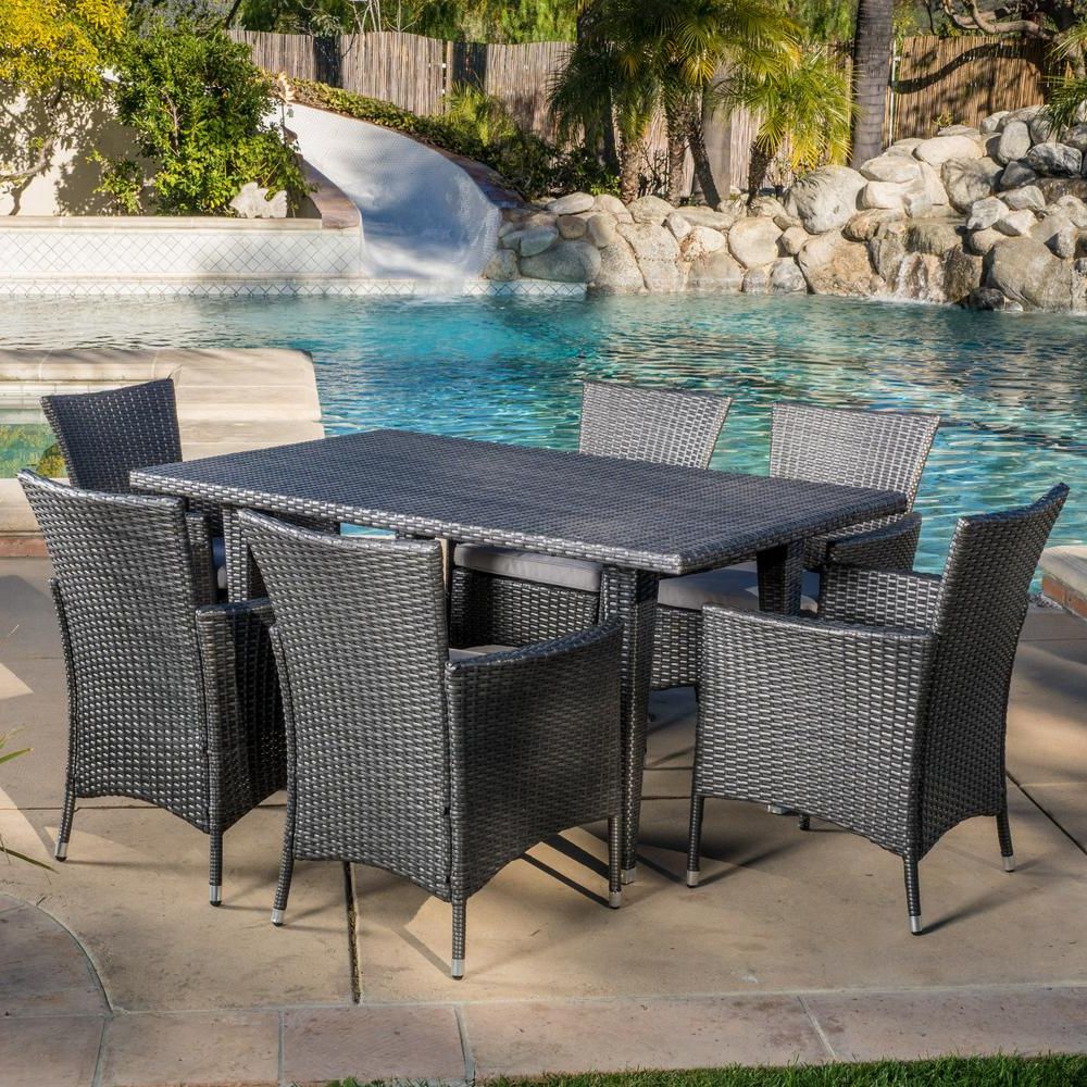 2019 Noble House Malta Grey 7 Piece Wicker Rectangular Outdoor Dining Set Within 7 Piece Small Patio Dining Sets (View 5 of 15)