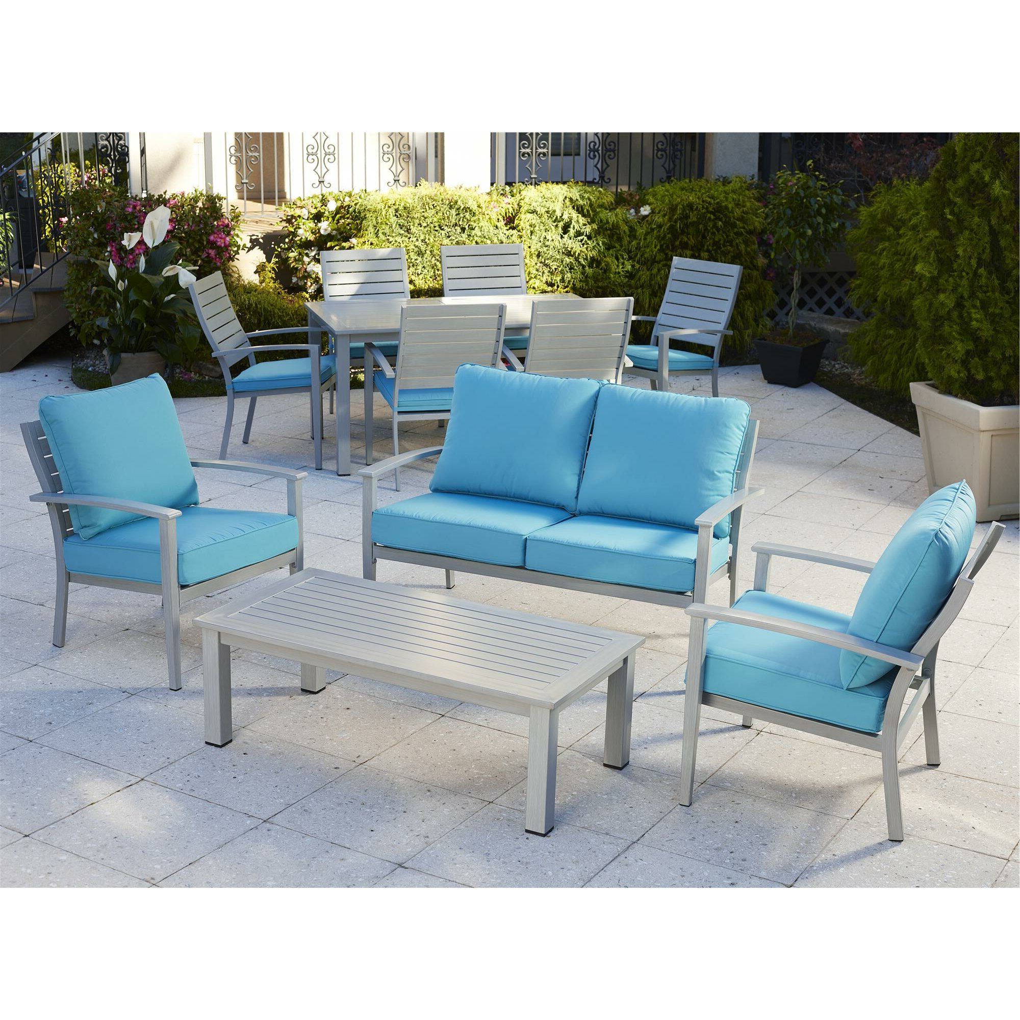 2019 Sky Blue Outdoor Seating Patio Sets Within Outdoor Brushed Aluminum Patio Furniture 4 Piece Deep Seating Group (View 13 of 15)