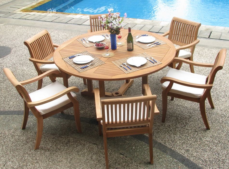 2019 Teak Dining Set:6 Seater 7 Pc – 60" Round Table And 6 Stacking Arbor Intended For Teak Outdoor Loungers Sets (View 12 of 15)