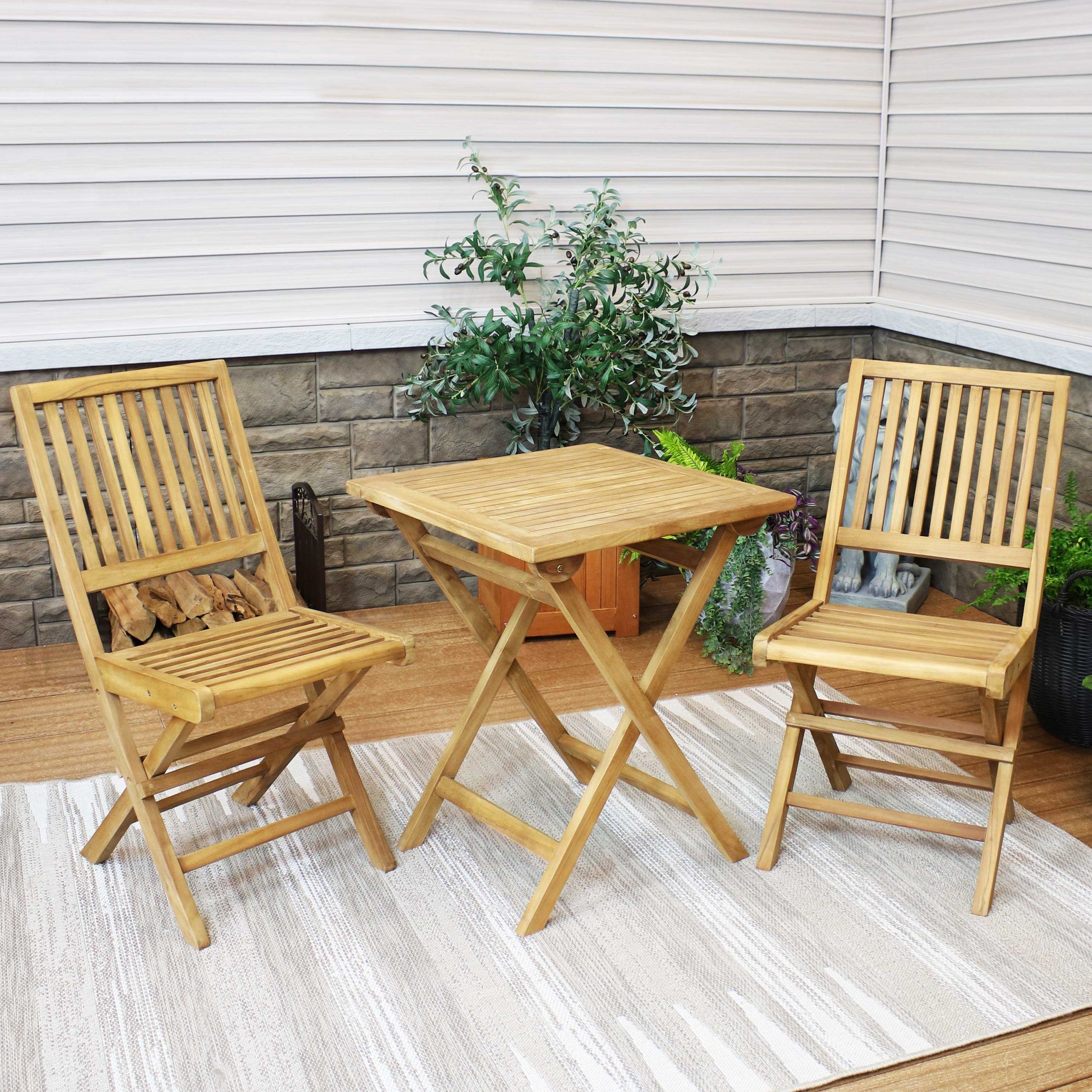 2019 Teak Wood Outdoor Table And Chairs Sets Pertaining To Sunnydaze Nantasket 3 Piece Solid Teak Outdoor Folding Bistro Set –  (View 8 of 15)