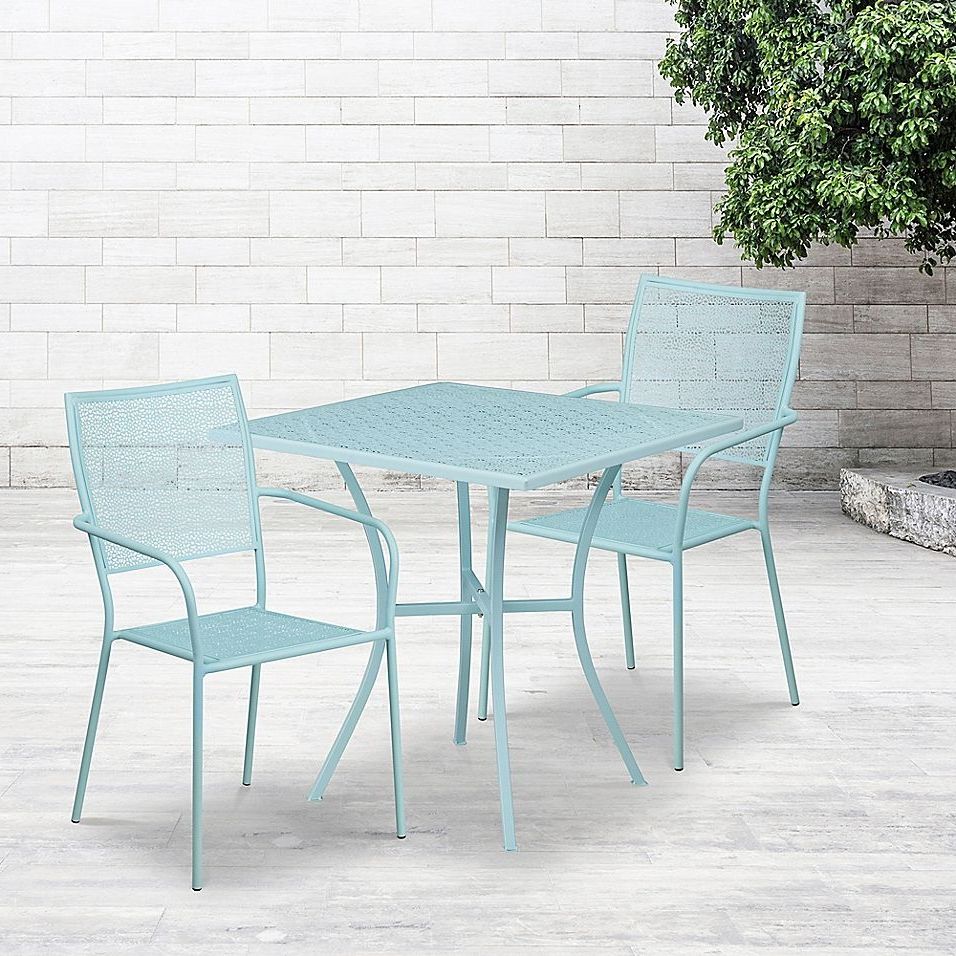 2020 Flash Furniture 3 Piece Square Metal Patio Dining Set In Sky Blue In Within Sky Blue Outdoor Seating Patio Sets (View 5 of 15)