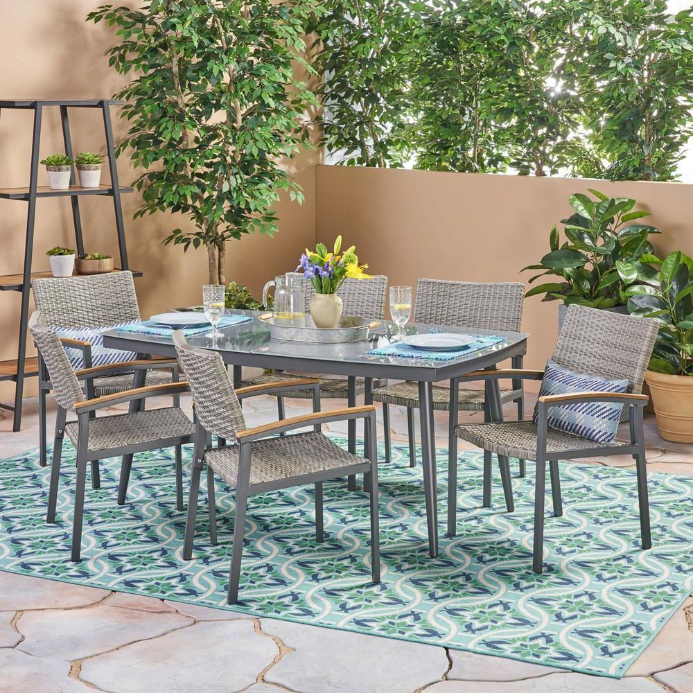 2020 Noble House Liverpool Gray 7 Piece Aluminum And Wicker Outdoor Dining Pertaining To 7 Piece Small Patio Dining Sets (View 4 of 15)