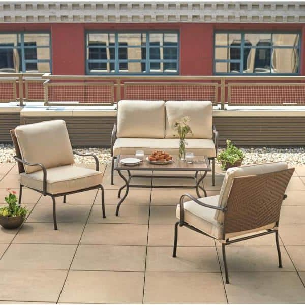 2020 Patio Conversation Sets And Cushions Intended For Hampton Bay Pin Oak 4 Piece Wicker Outdoor Patio Conversation Set With (View 10 of 15)
