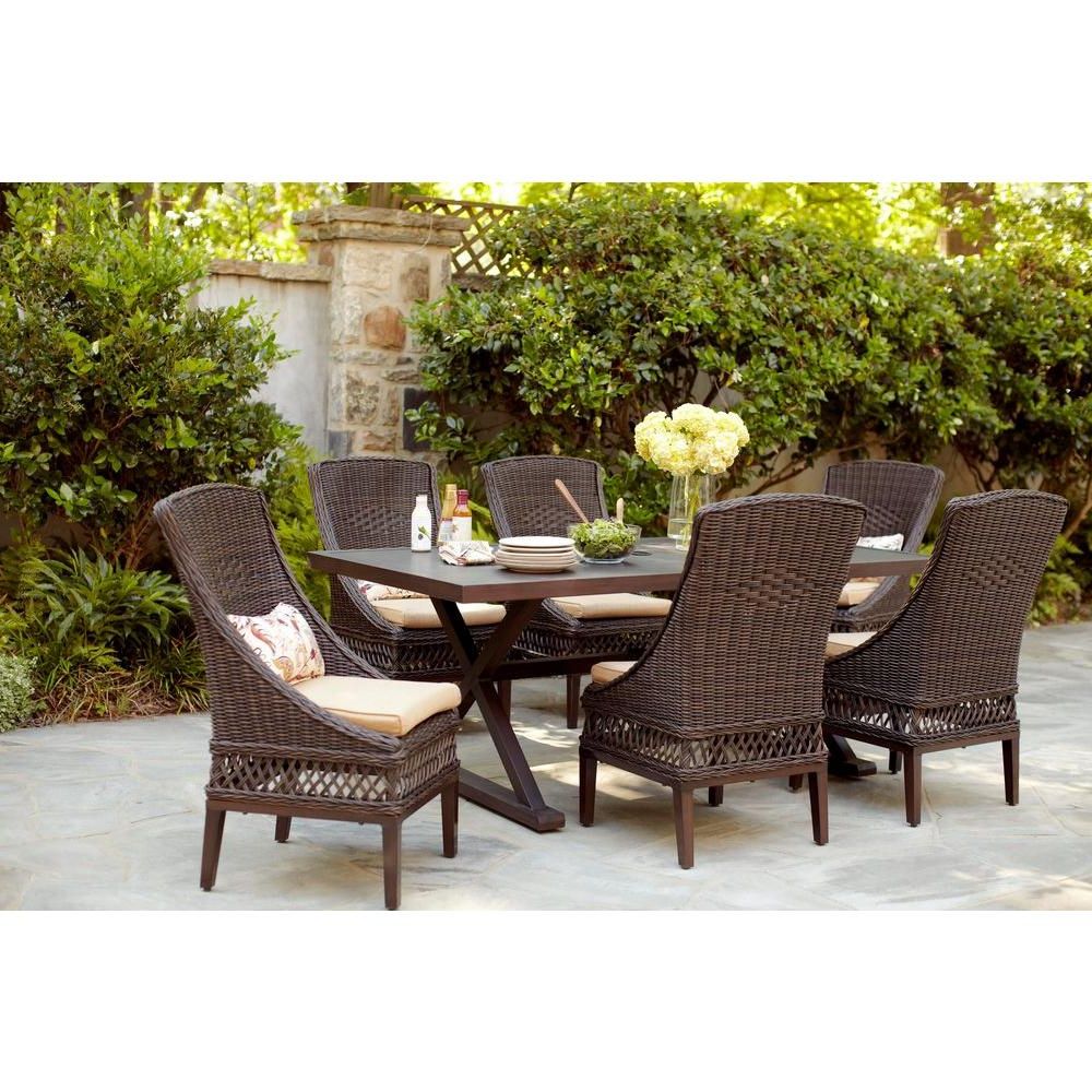 2020 Rattan Wicker Sand Outdoor Seating Sets Within Hampton Bay Woodbury 7 Piece Wicker Outdoor Patio Dining Set With (View 13 of 15)