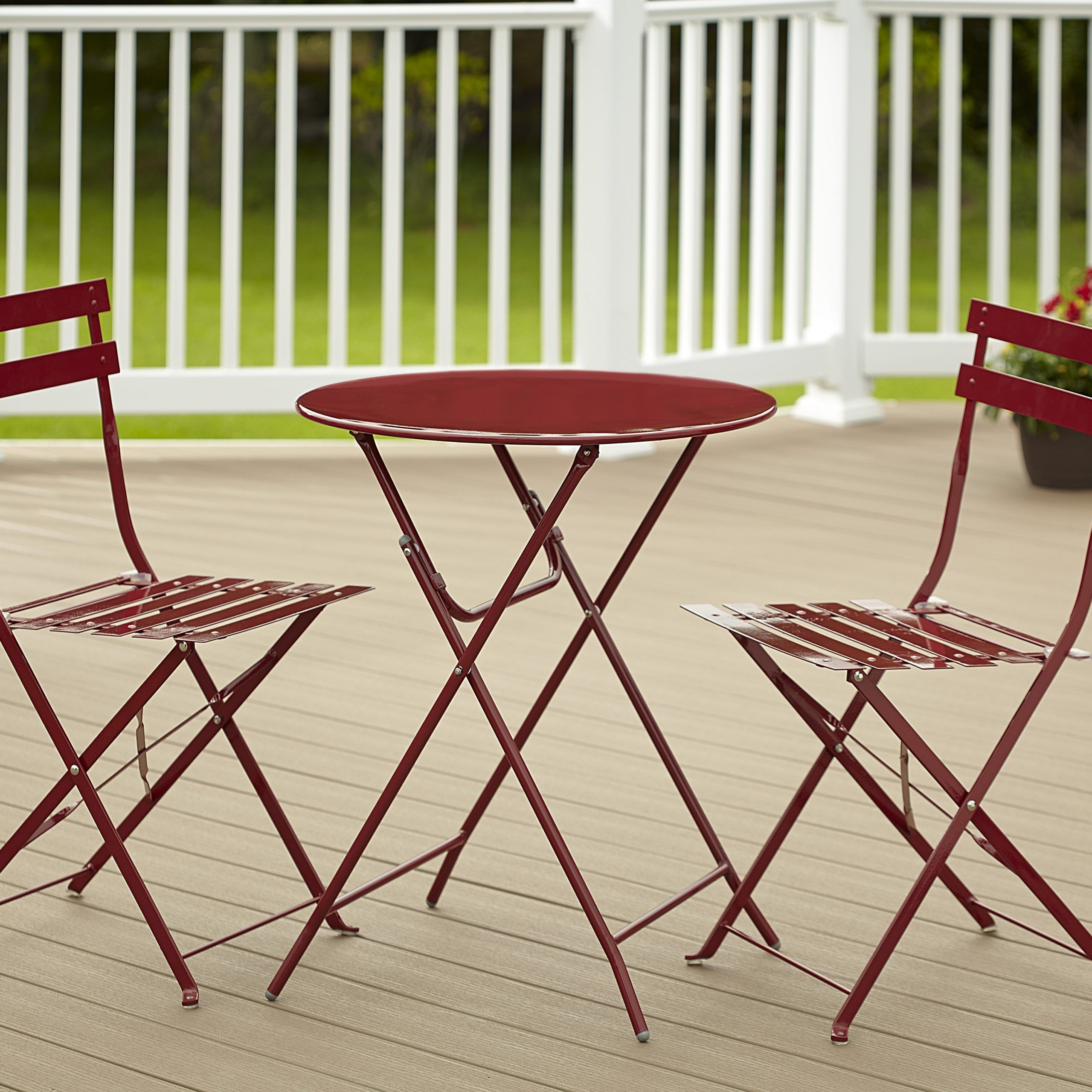 3 Pc Folding Bistro Patio Table And Chairs  Red Within Trendy Red Metal Outdoor Table And Chairs Sets (View 10 of 15)