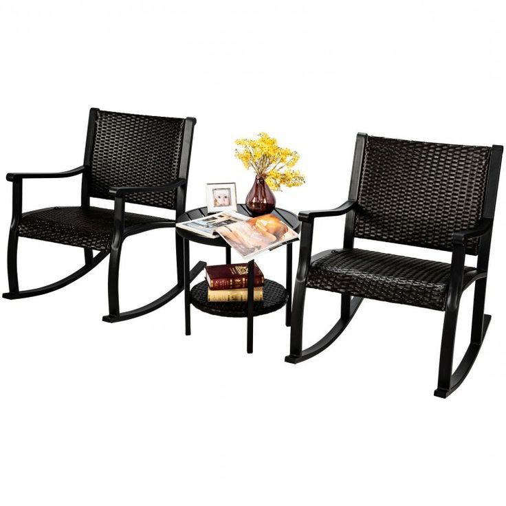3 Pcs Patio Rattan Furniture Set With Coffee Table And Rocking Chairs Pertaining To Latest Outdoor Rocking Chair Sets With Coffee Table (View 12 of 15)