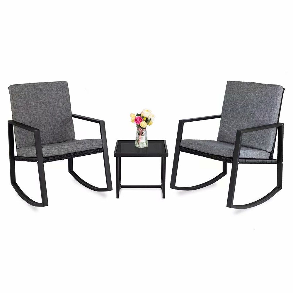 3 Pcs Rocking Chairs Set Outdoor Patio Furniture With Glass Coffee Within Preferred Outdoor Rocking Chair Sets With Coffee Table (View 6 of 15)