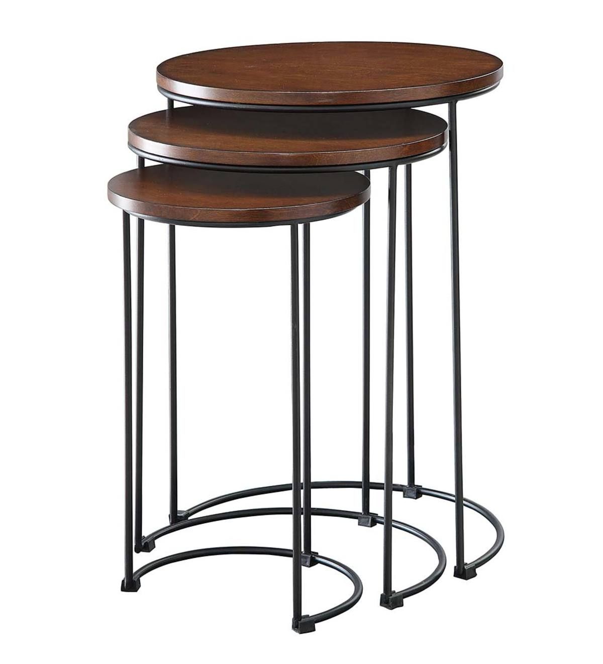 3 Piece Industrial Style Round Metal And Wood Nesting Tables – Chestnut With Regard To Trendy Wood And Steel Outdoor Side Tables (View 1 of 15)