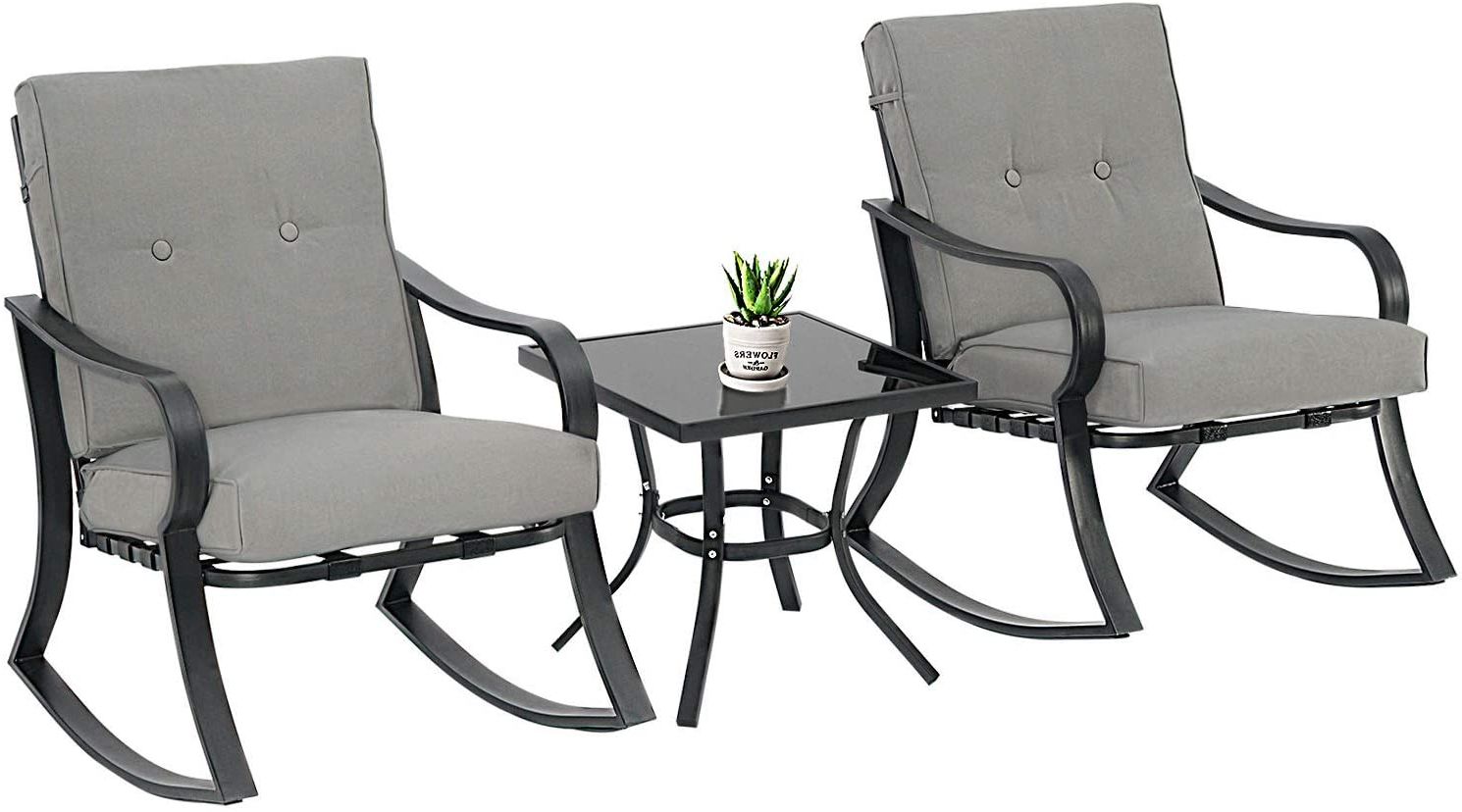 3 Piece Outdoor Rocking Chairs Bistro Set, Black Steel Patio Furniture With Regard To Most Up To Date Outdoor Rocking Chair Sets With Coffee Table (View 7 of 15)