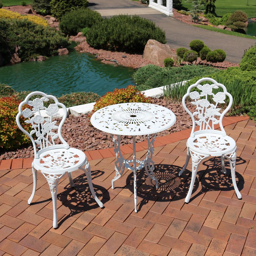 3 Piece Outdoor Table And Chair Sets With Most Recent Sunnydaze 3 Piece Flower Designed Bistro Table Set With 2 Chairs (View 4 of 15)
