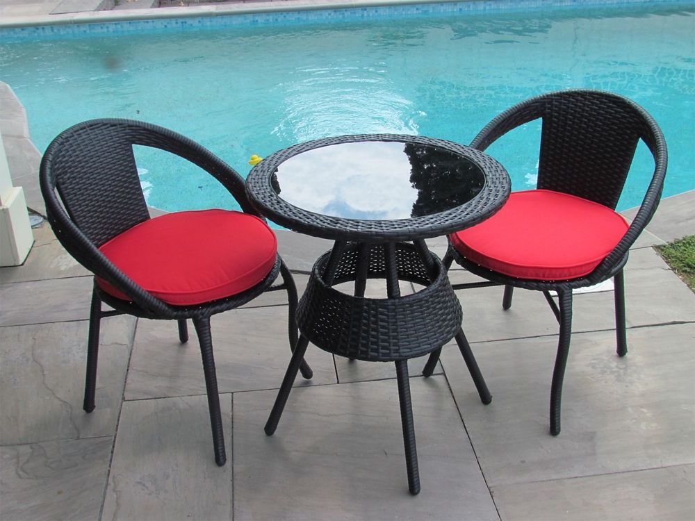 3 Piece Patio Bistro Set Black Round Table Steel Frame In Red Cushion For Well Known Red Metal Outdoor Table And Chairs Sets (View 14 of 15)