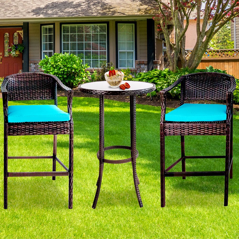 3 Piece Patio High Bistro Set, 2 High Bar Chairs With 1 Glass Top Table Within Well Known 3 Piece Outdoor Table And Chair Sets (View 11 of 15)