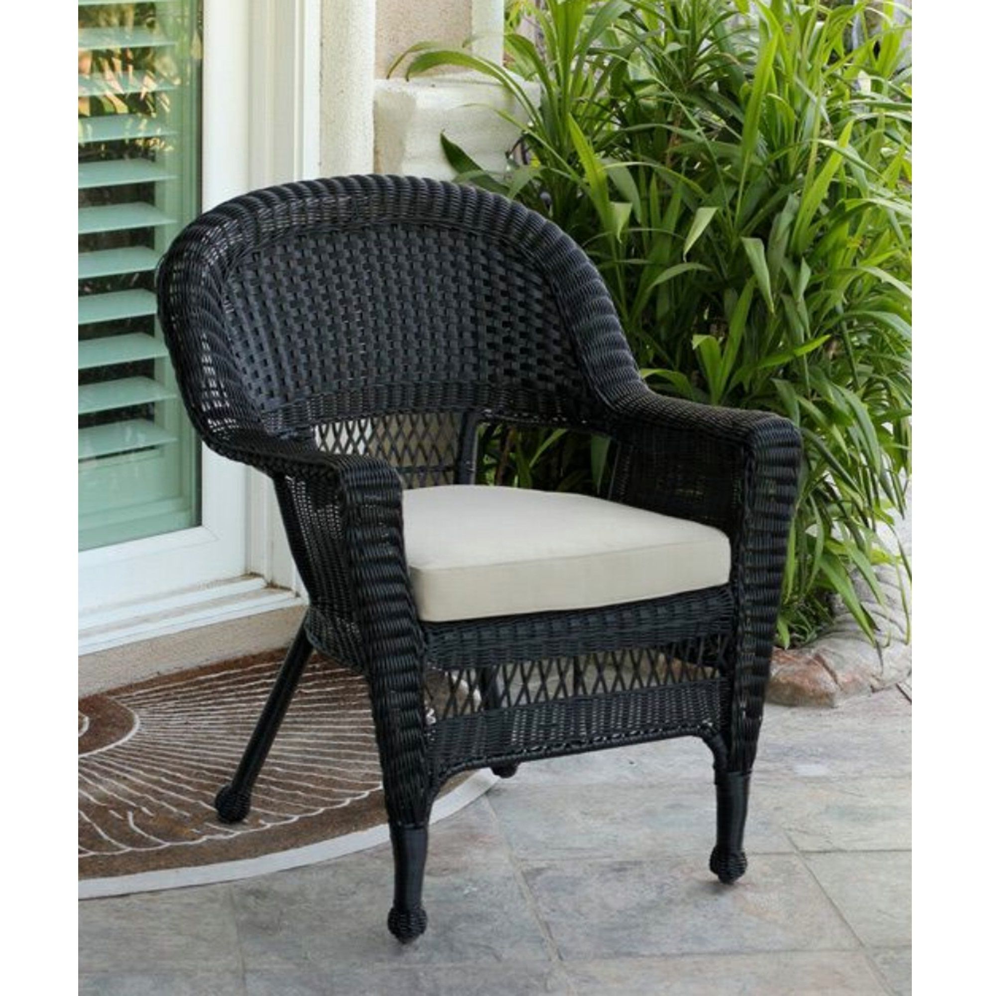 36" Black Resin Wicker Outdoor Patio Garden Chair With Tan Cushion Within Well Known Rattan Wicker Outdoor Seating Sets (View 15 of 15)