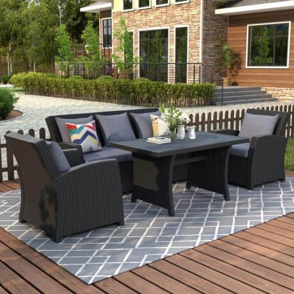 4 Piece 3 Seat Outdoor Patio Sets For Most Recently Released Boyel Living Black 4 Piece Wicker Patio Conversation Set With Dark Blue (View 9 of 15)