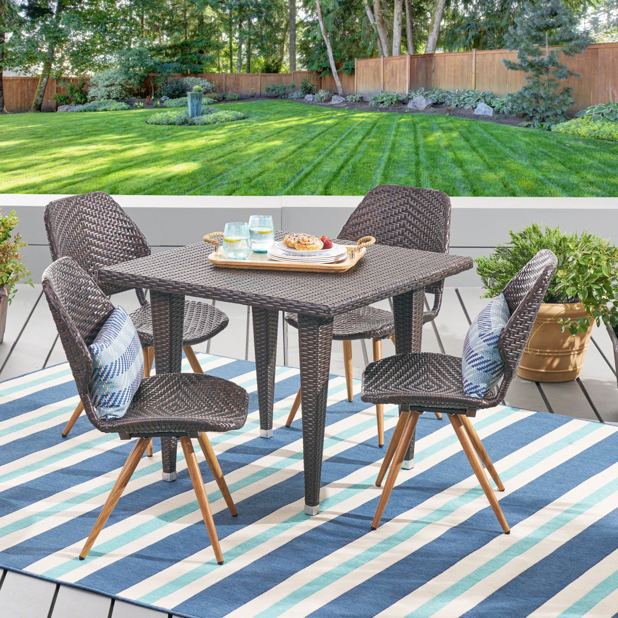 5 Piece Brown Finish Square Wicker Outdoor Furniture Patio Dining Set Pertaining To Latest 5 Piece Patio Sets (View 8 of 15)