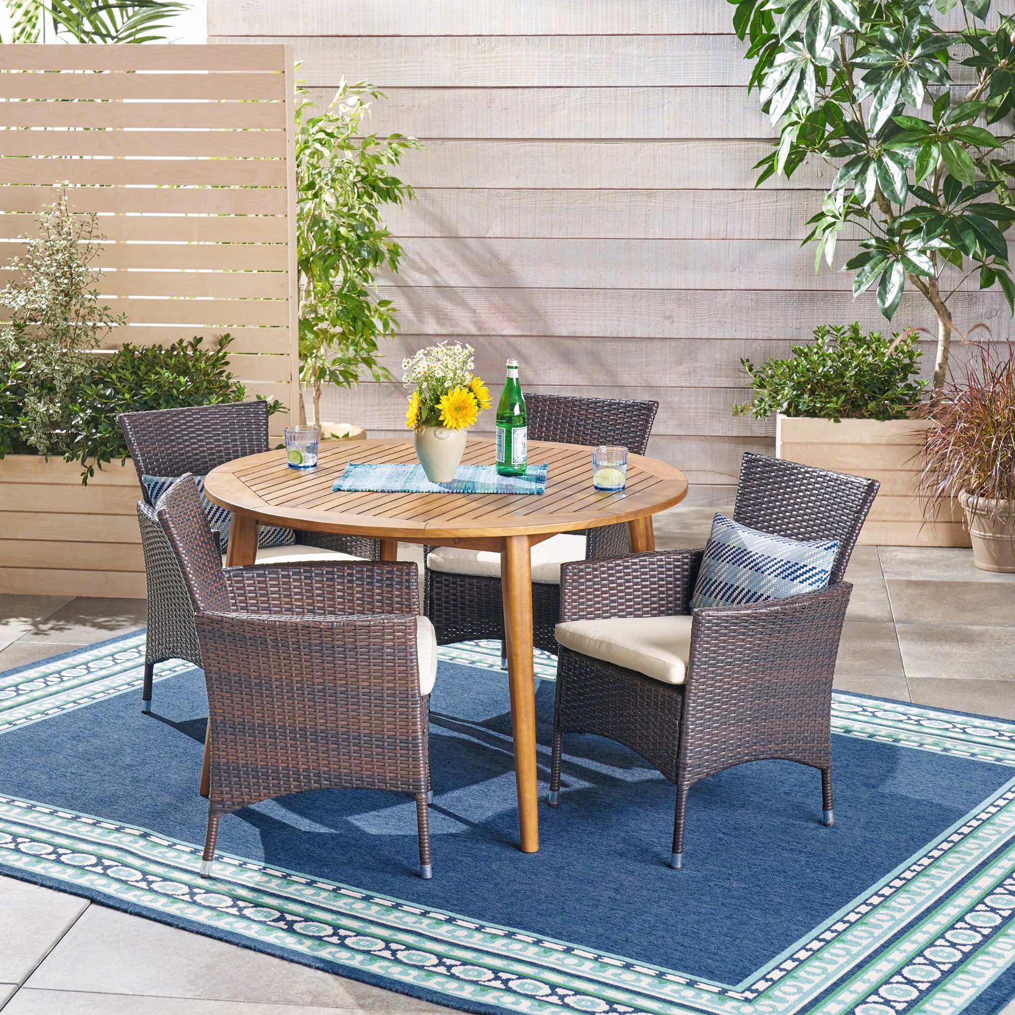 5 Piece Brown Wicker Finish Round Outdoor Furniture Patio Dining Set With 2020 Round 5 Piece Outdoor Patio Dining Sets (View 2 of 15)