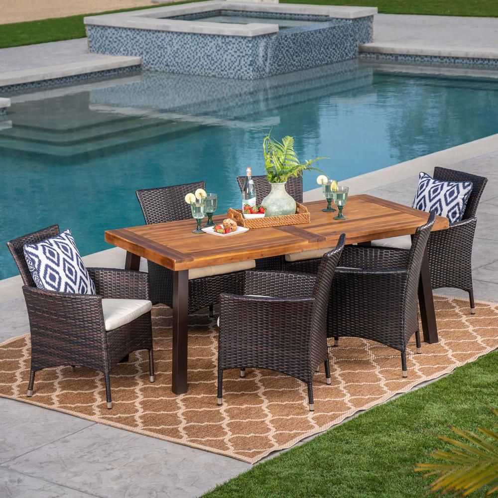 7 Piece Patio Dining Sets With Cushions Regarding Well Liked Noble House 7 Piece Wicker, Wood And Iron Rectangular Outdoor Dining (View 9 of 15)