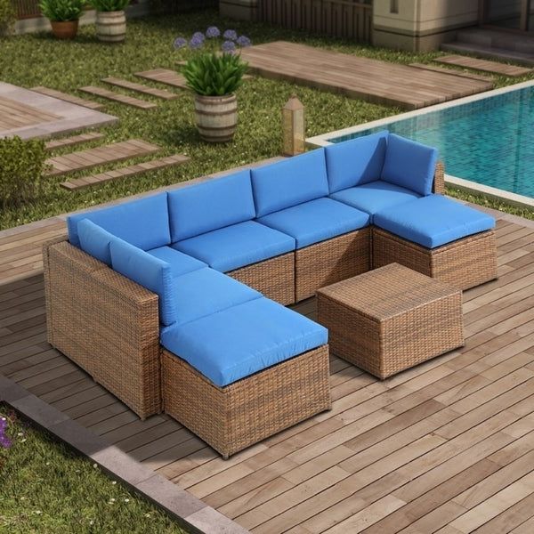 8 Piece Outdoor Wicker Patio Conversation Set With Blue Cushions Inside Popular Blue Cushion Patio Conversation Set (View 10 of 15)