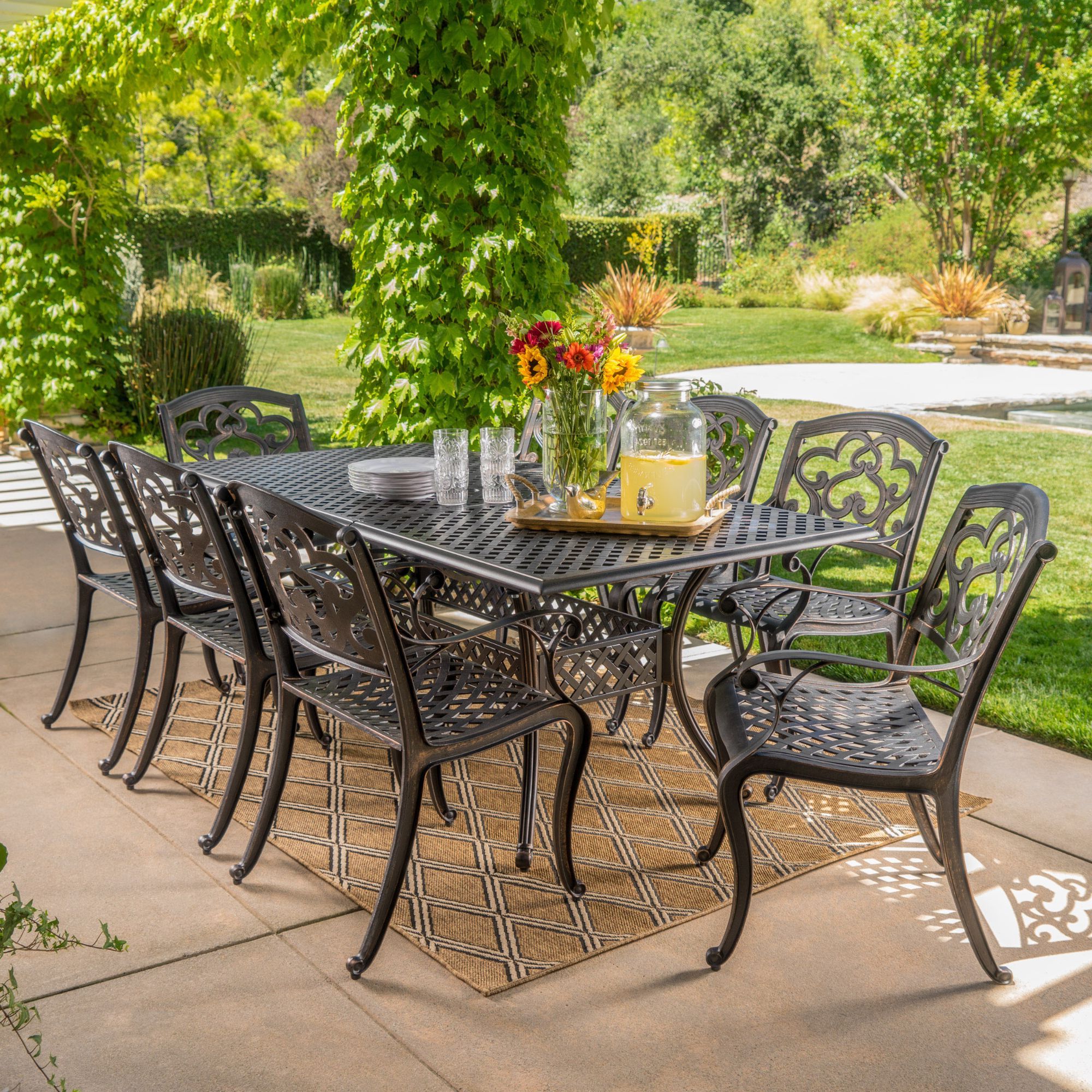 9 Piece Black Shiny Copper Finish Aluminum Outdoor Furniture Patio In Widely Used 9 Piece Extendable Patio Dining Sets (View 12 of 15)