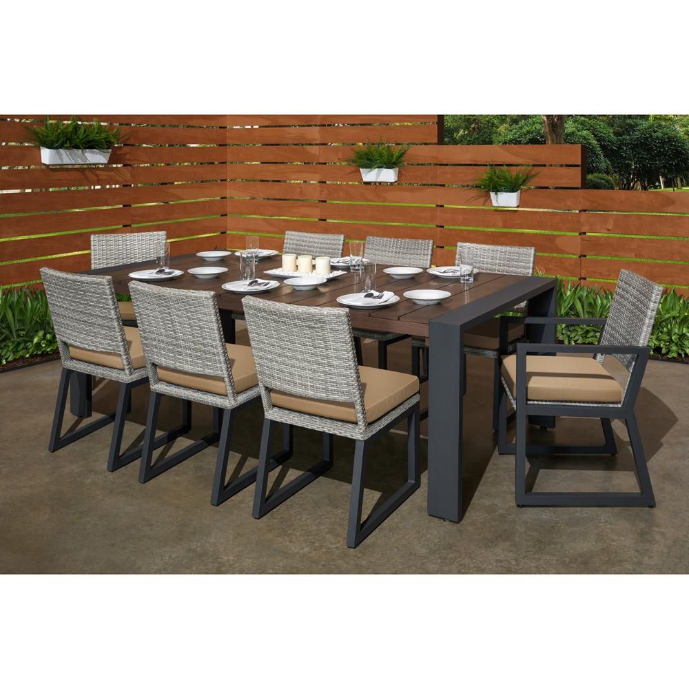9 Piece Patio Dining Sets Intended For Recent Rst Brands Milo Grey 9 Piece Wicker Outdoor Dining Set With Sunbrella (View 11 of 15)