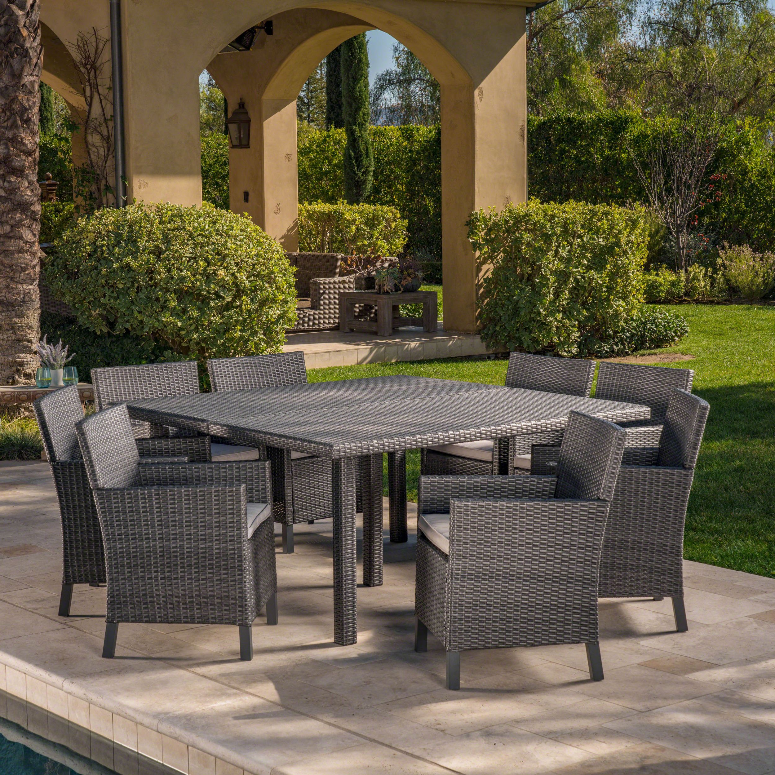 9 Piece Square Patio Dining Sets Within Favorite Alice Outdoor 9 Piece Wicker Square Dining Set With Water Resistant (View 5 of 15)
