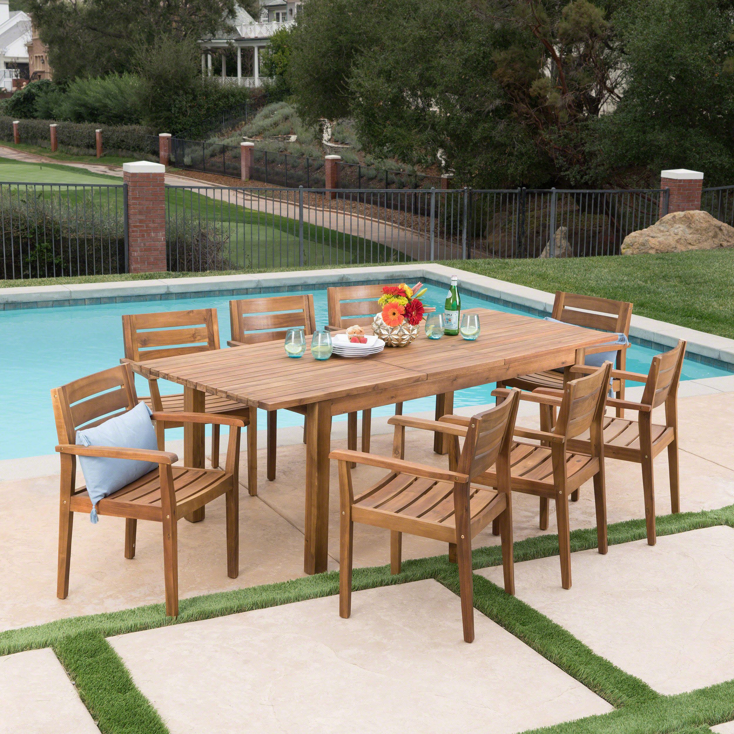 9 Piece Teak Outdoor Square Dining Sets Throughout Latest William Outdoor 9 Piece Acacia Wood Dining Set With Expandable Dining (View 3 of 15)