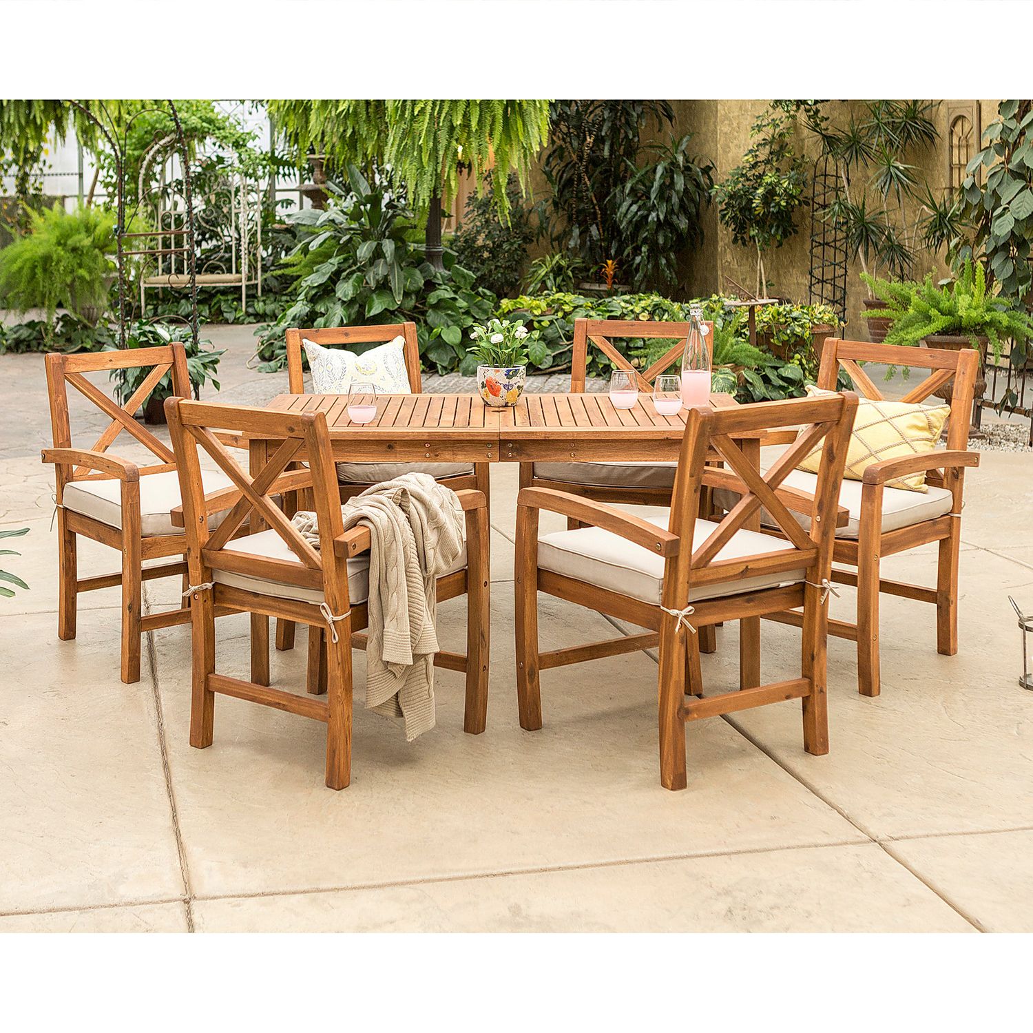 Acacia Wood Outdoor Seating Patio Sets Intended For Current Classic X Back Brown Acacia Wood 7 Piece Patio Dining Set – Pier (View 10 of 15)
