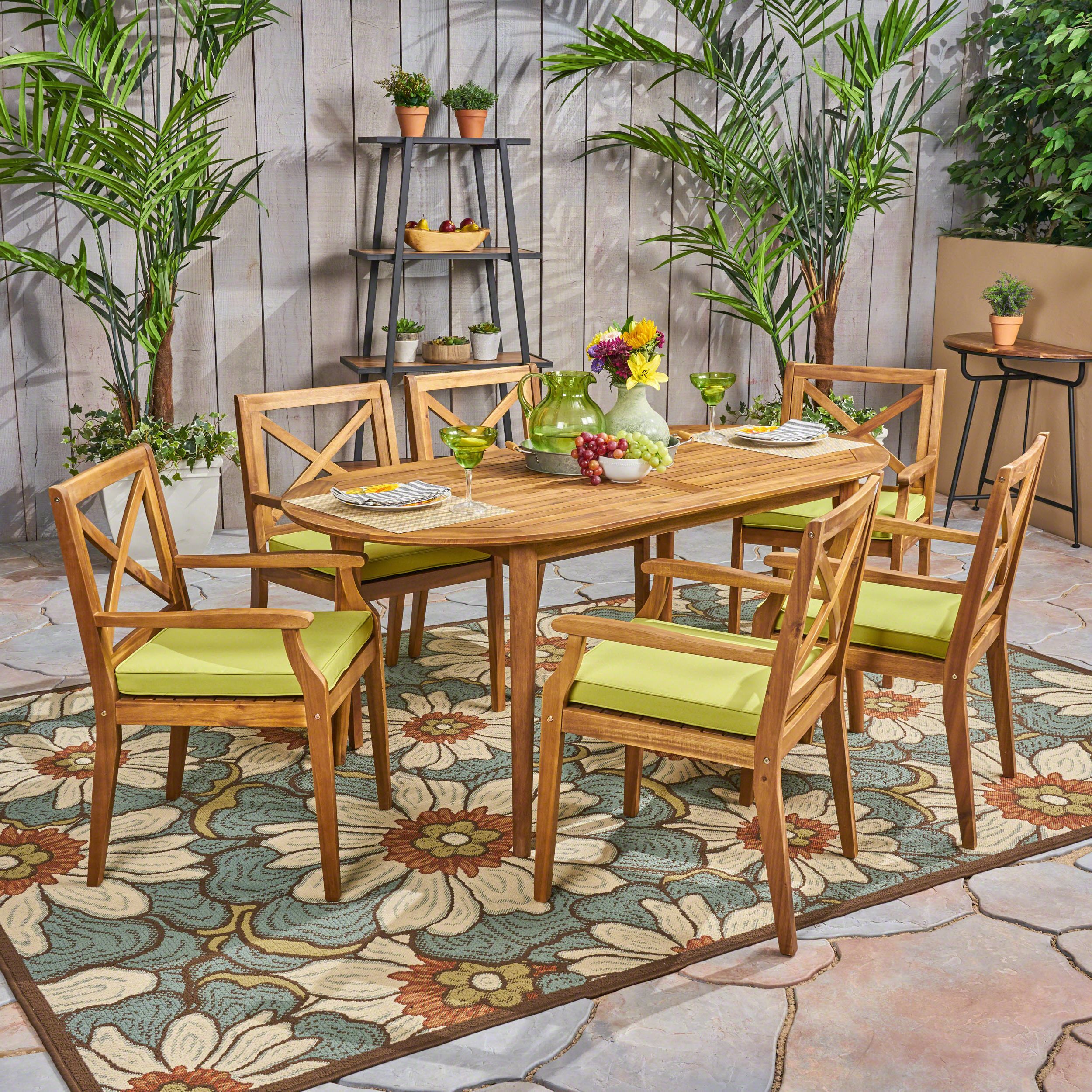 Acacia Wood Outdoor Seating Patio Sets Regarding Popular Oakley Outdoor 7 Piece Acacia Wood Dining Set With Cushions, Teak (View 4 of 15)