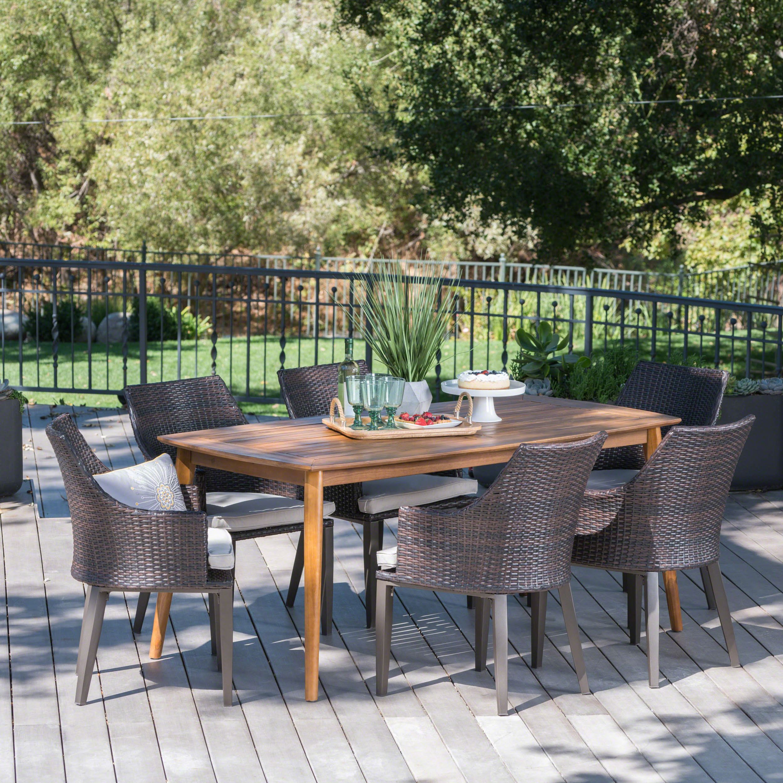 Alexa Outdoor 7 Piece Wicker Rectangular Dining Set With Acacia Wood Throughout Trendy Rectangular Patio Dining Sets (View 4 of 15)
